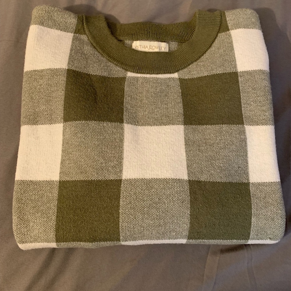 Cynthia Rowley Olive and White Plaid Crewneck Sweater